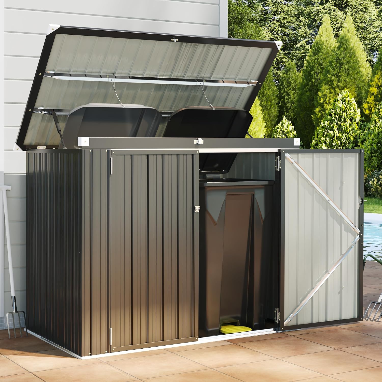 Gardening Tools Storage - Abfallbehälter-Aufbewahrungsschuppen für den Außenbereich, wasserdichter Metall-Mülltonnen-Organizer